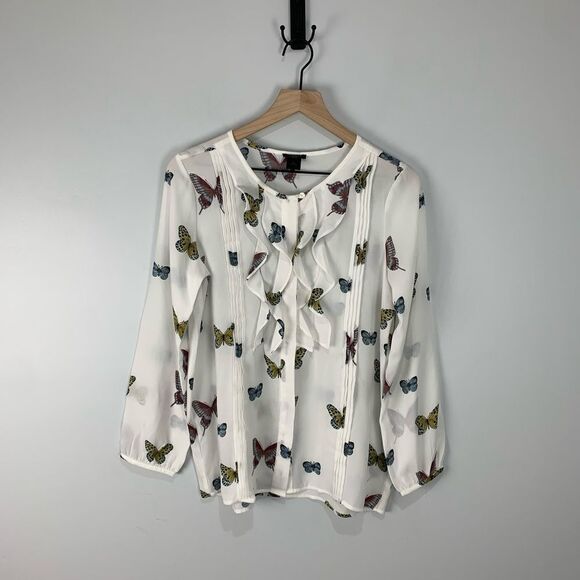 Ann Taylor White Ruffle Front Butterfly Blouse - Picture 1 of 6